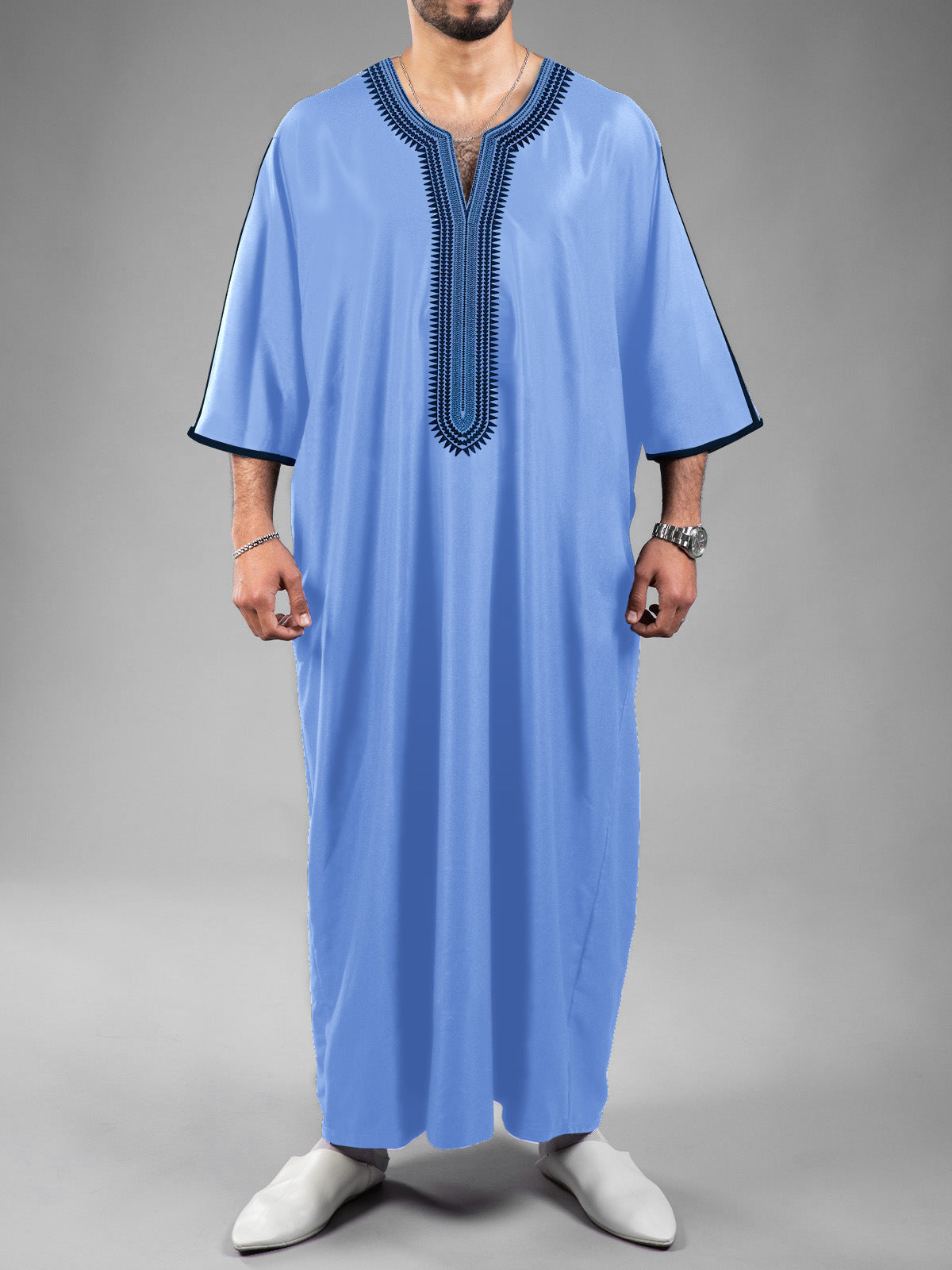 Moroccan Men's Thobe Mid-Sleeve Embroidered Kaftan