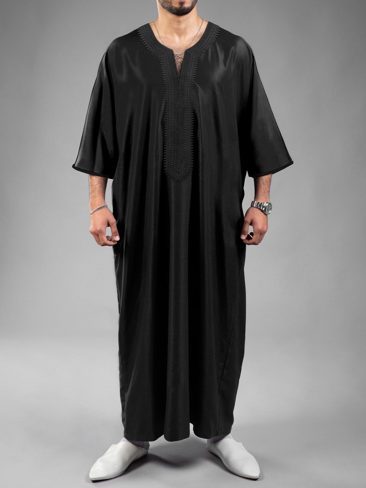Moroccan Men's Thobe Mid-Sleeve Embroidered Kaftan