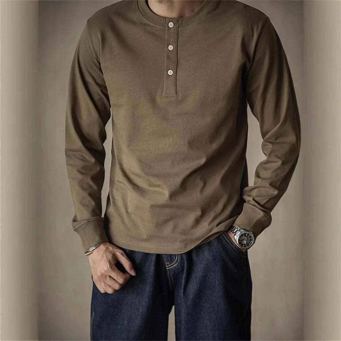 Retro Henley: Slim Fit, Long Sleeve