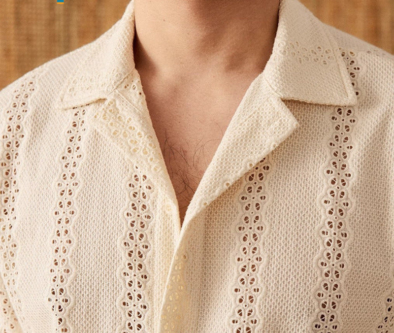 Perforated Short-Sleeve Cuban Collar Shirt