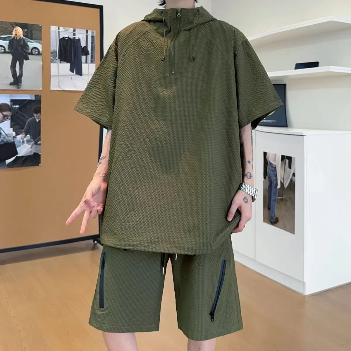 Textured Anorak and Shorts Set