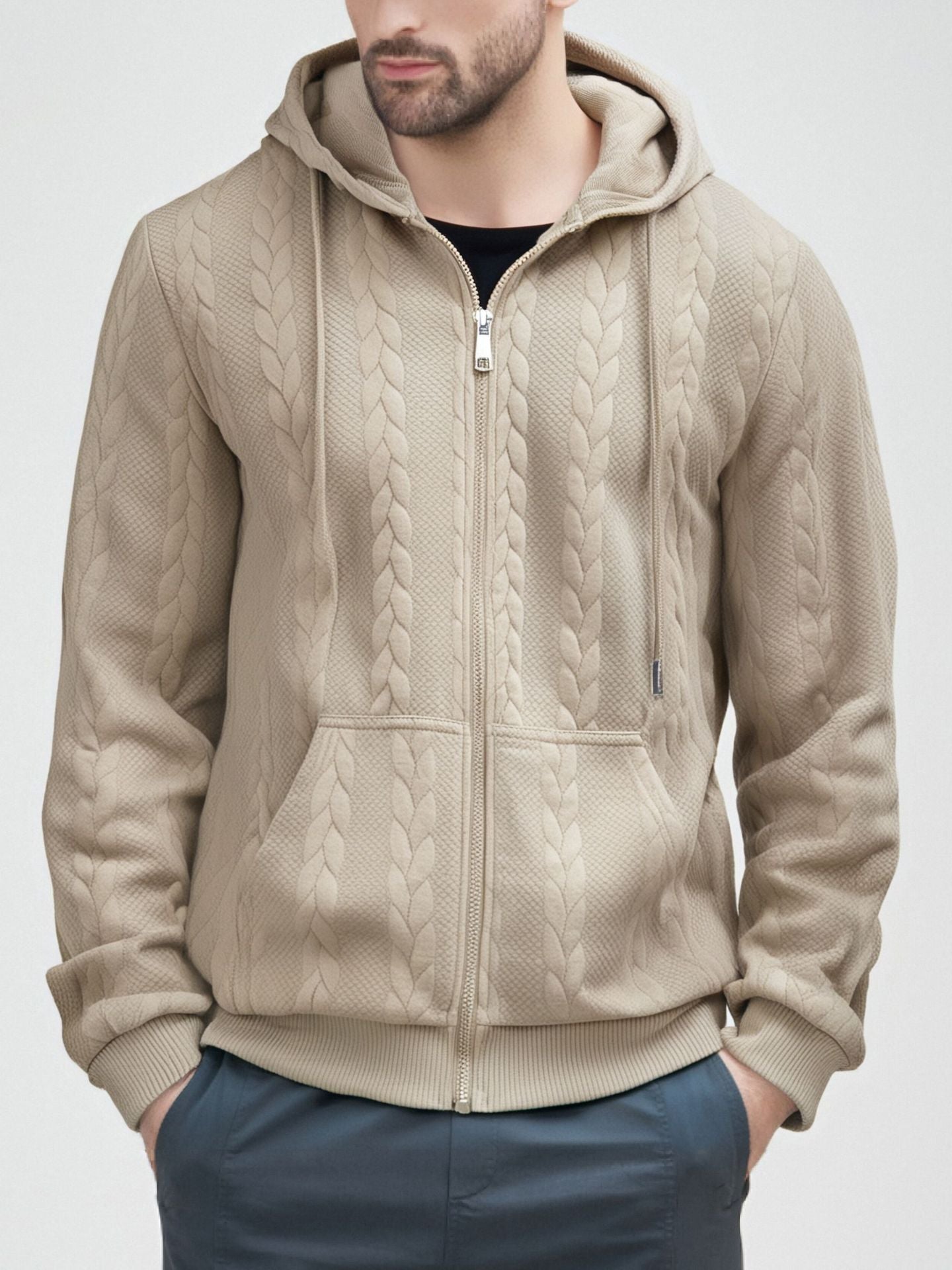 cable-knit full-zip hoodie.