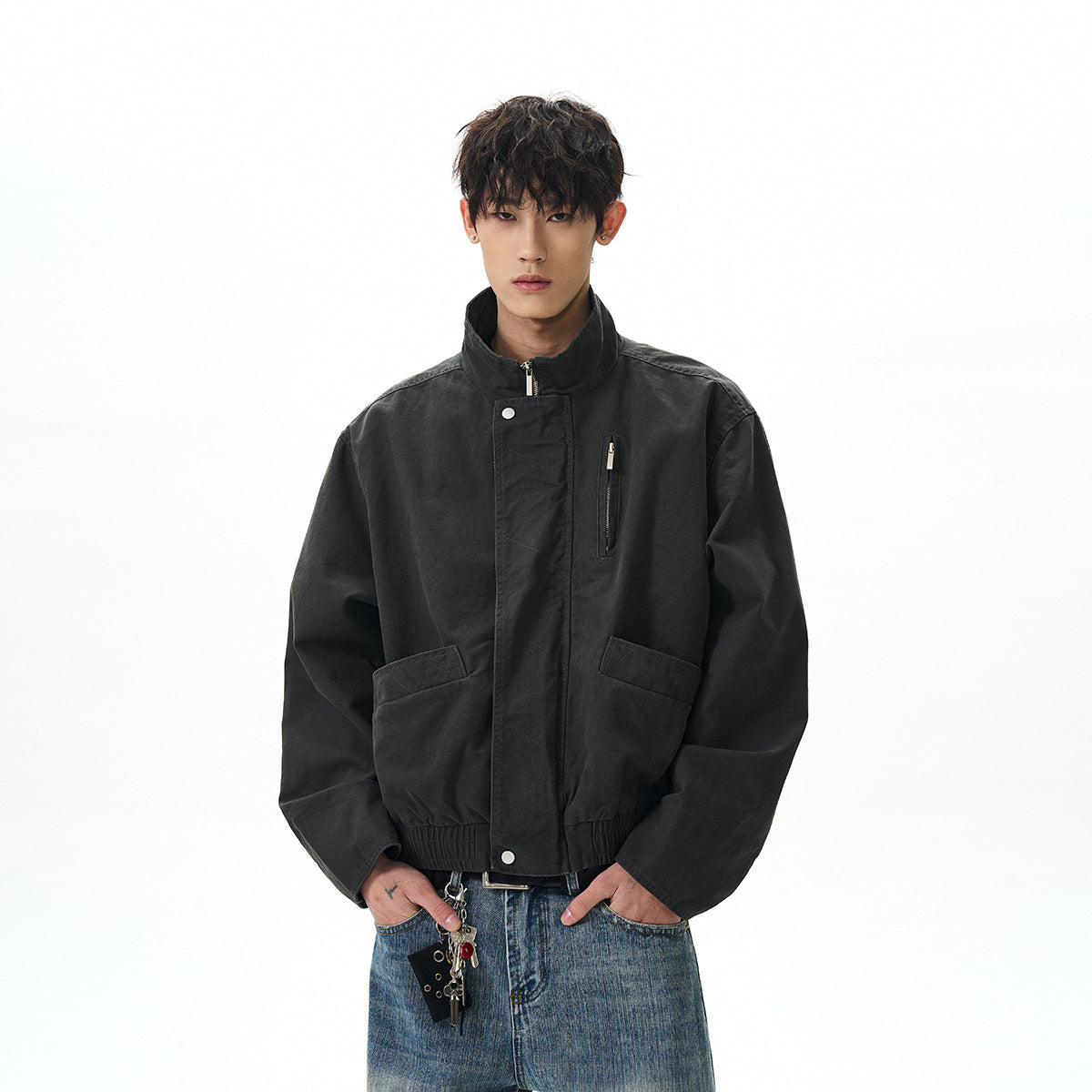 Vintage Stand-Collar Bomber Jacket