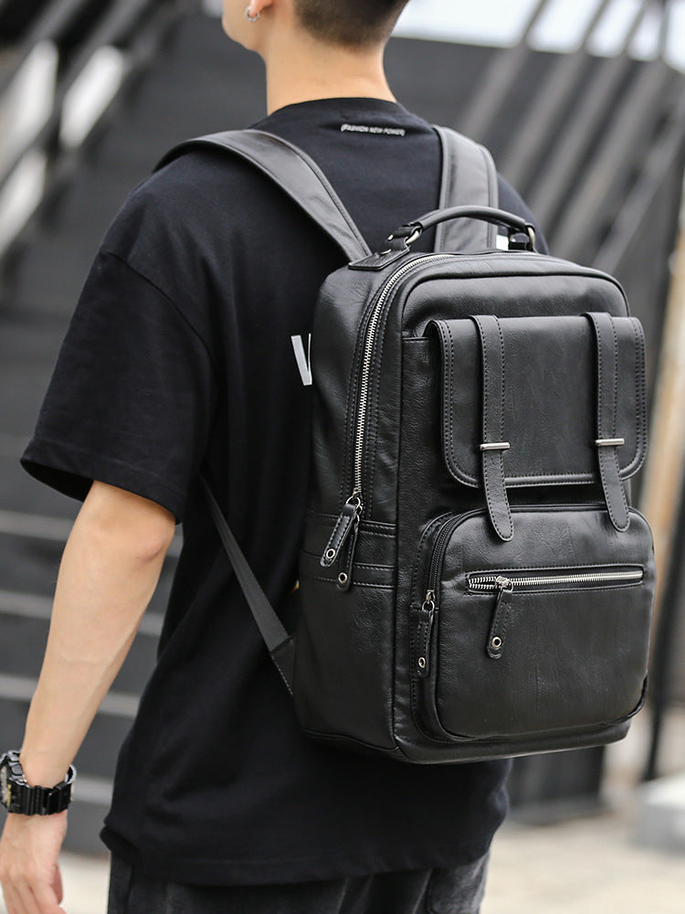 Korean version of men's PU leather backpack for middle school students, simple school bag, fashion trend travel backpack, youth casual men's bag