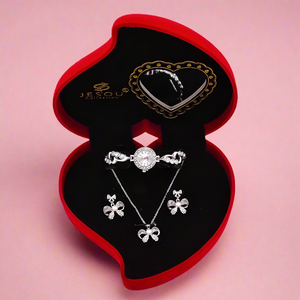 Heart-Shaped Jewelry Gift Set with Watch, Necklace, and Earrings