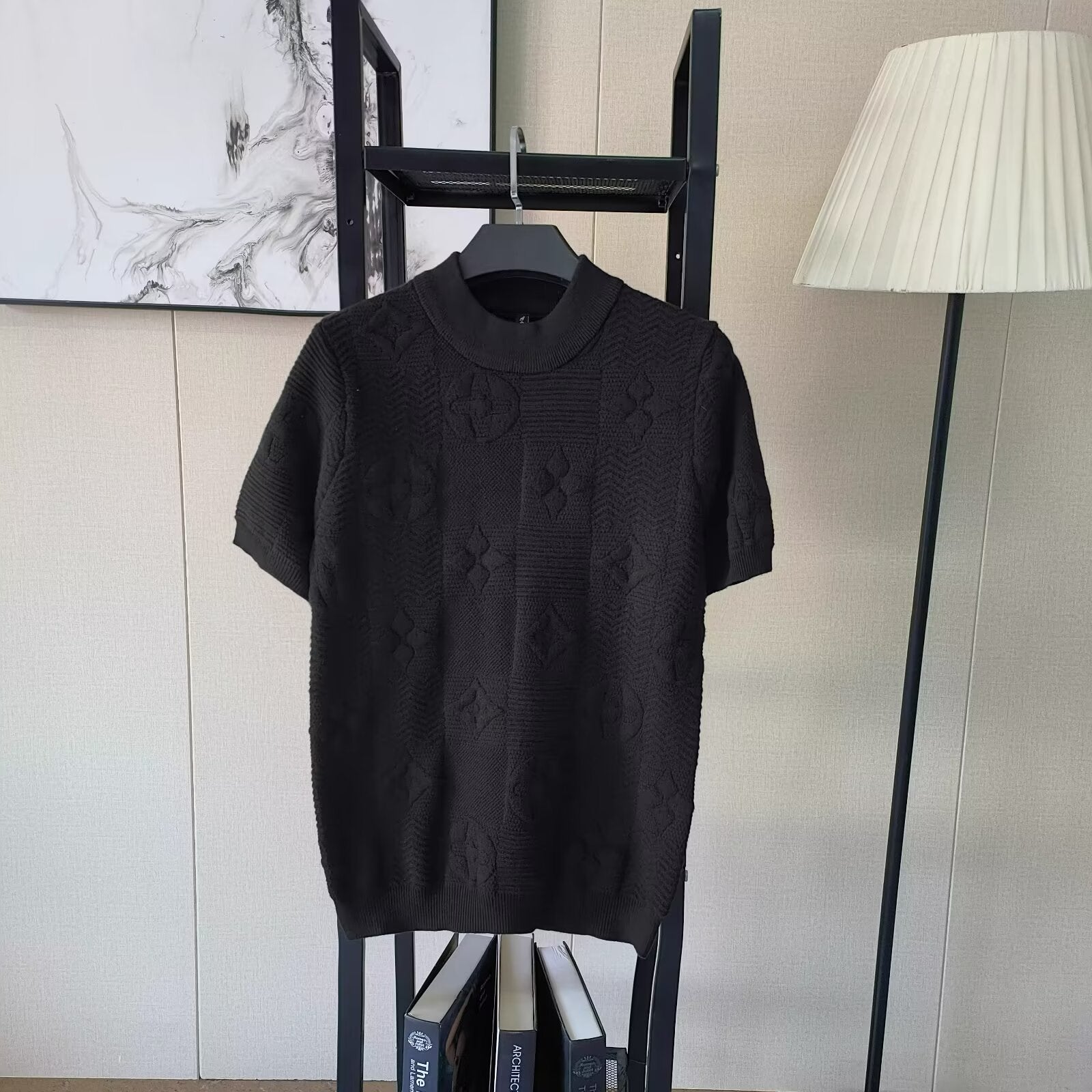 Brown Short-Sleeved Sweater Jacquard Knit