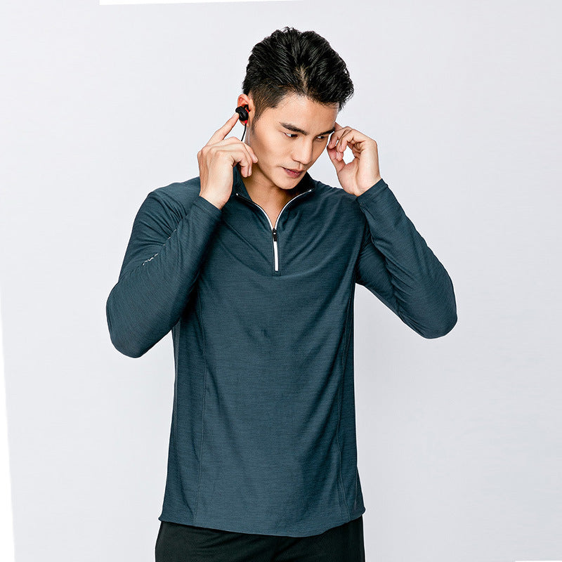 Men's quick-dry half-zip long-sleeve, elastic top for running and fitness.