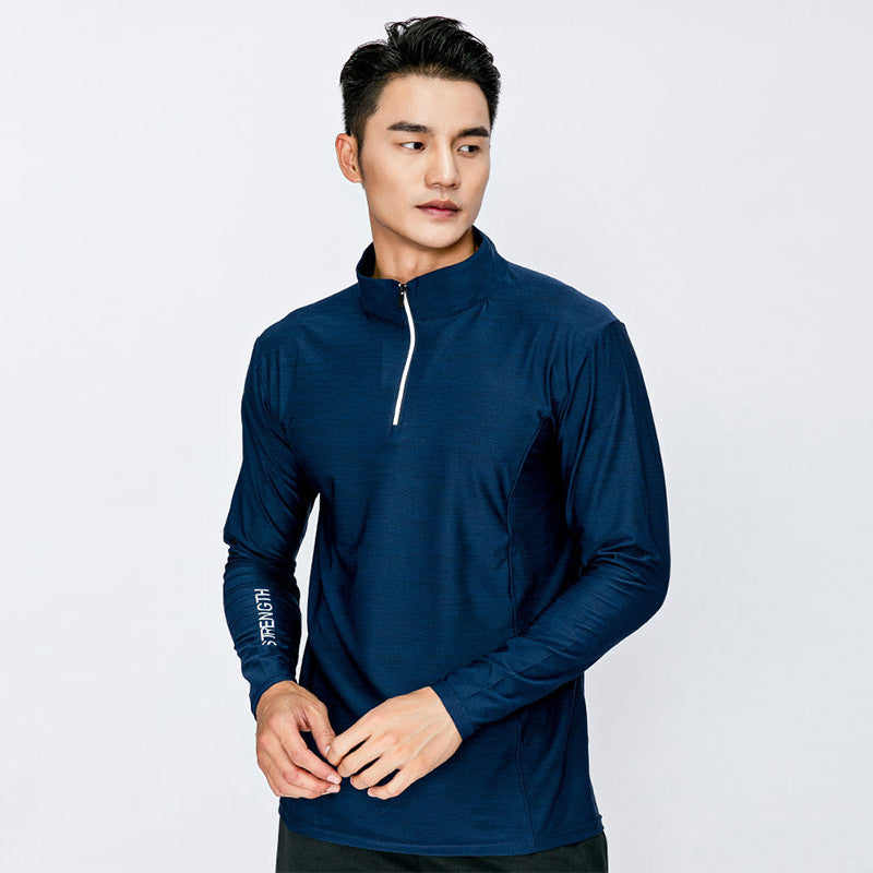 Men's quick-dry half-zip long-sleeve, elastic top for running and fitness.