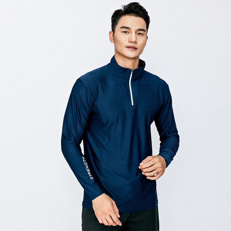 Men's quick-dry half-zip long-sleeve, elastic top for running and fitness.