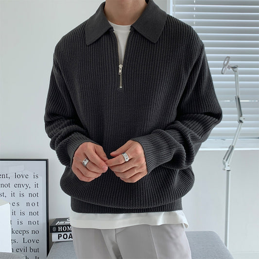 Half-Zip Lapel Knit Loose Korean sweater