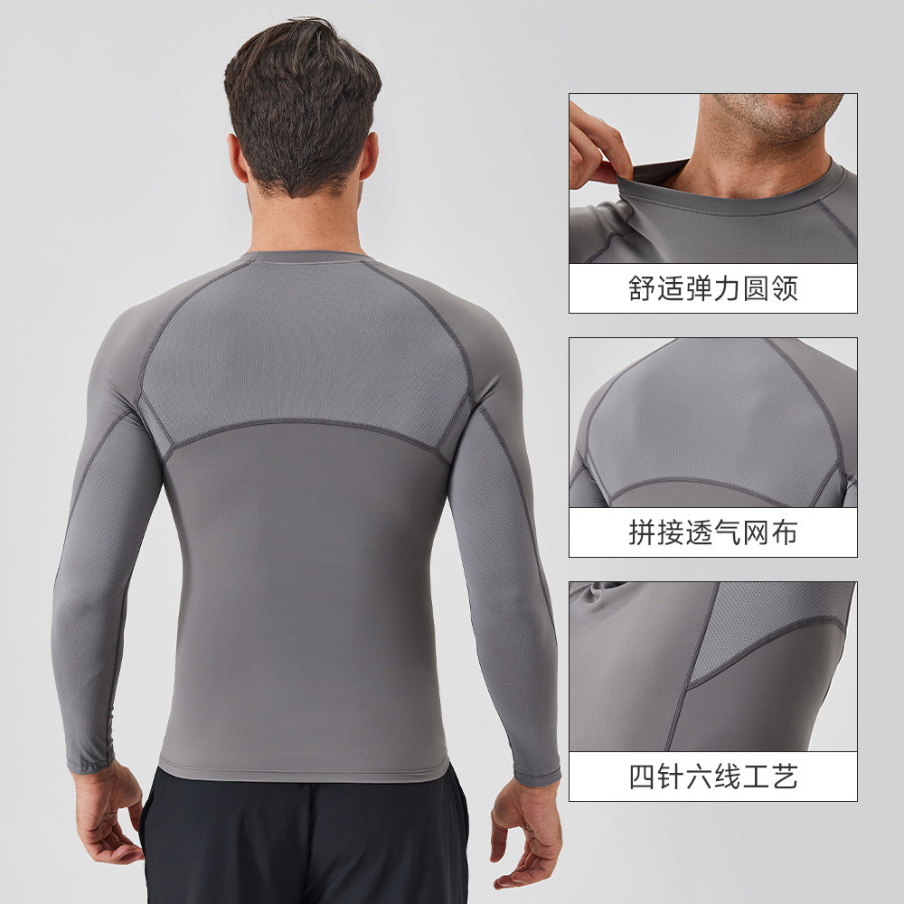 Men's nylon compression sports top, quick-dry, breathable, long-sleeve