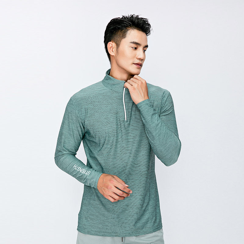 Men's quick-dry half-zip long-sleeve, elastic top for running and fitness.