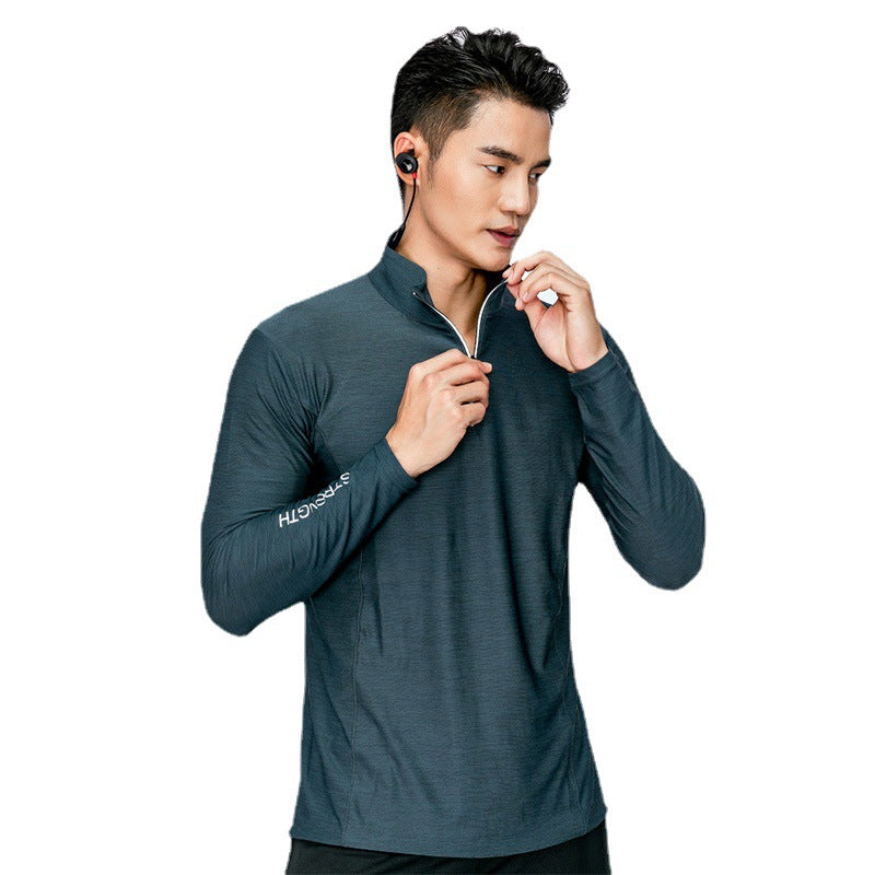 Men's quick-dry half-zip long-sleeve, elastic top for running and fitness.