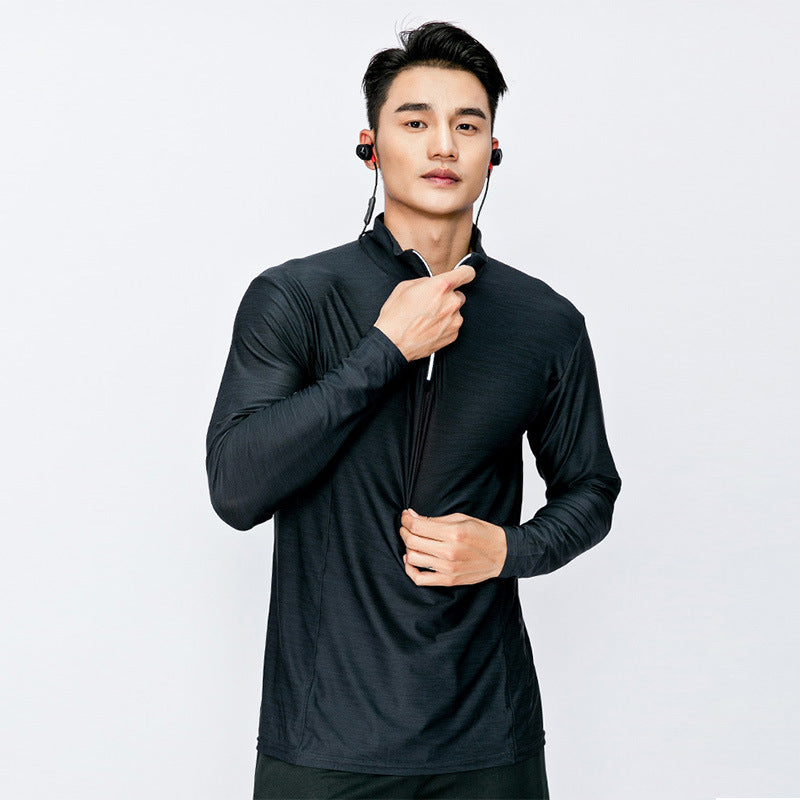 Men's quick-dry half-zip long-sleeve, elastic top for running and fitness.