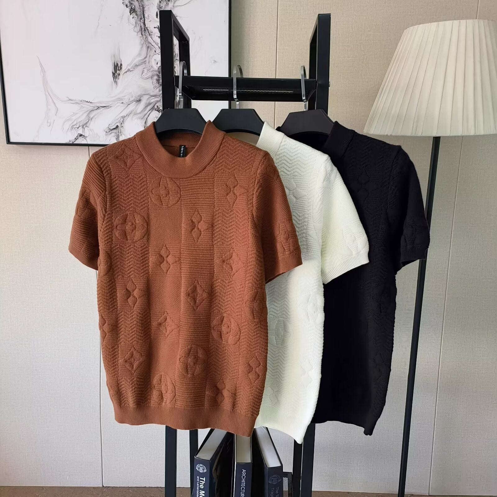 Brown Short-Sleeved Sweater Jacquard Knit