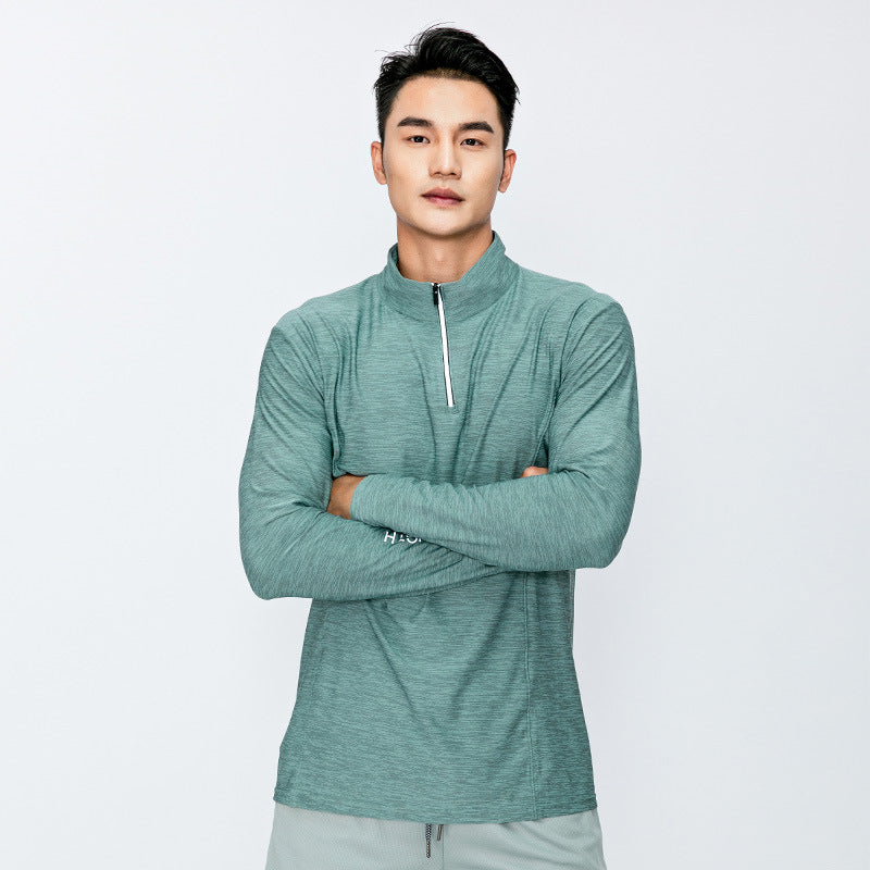 Men's quick-dry half-zip long-sleeve, elastic top for running and fitness.