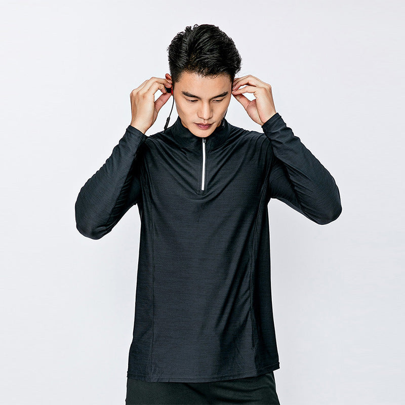 Men's quick-dry half-zip long-sleeve, elastic top for running and fitness.