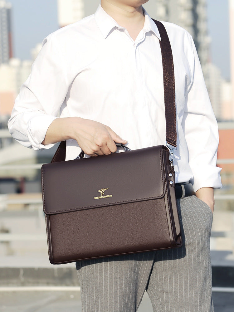 Men's handbag, business men's bag, horizontal leather, conference commuter, work document bag, multi-layer, high-capacity briefcase