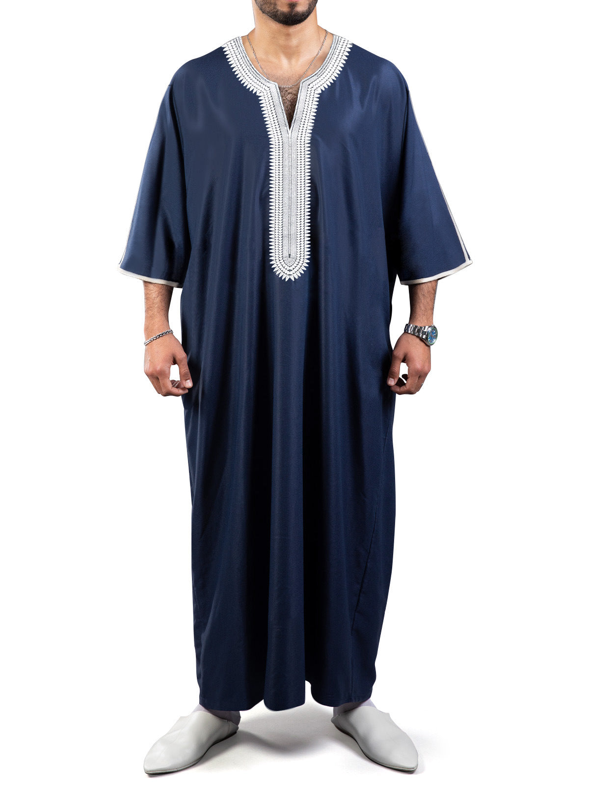Moroccan Men's Thobe  Mid-Sleeve Embroidered Kaftan