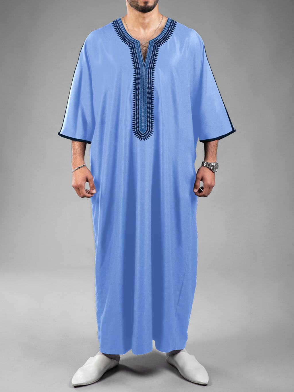 Moroccan Men's Thobe  Mid-Sleeve Embroidered Kaftan
