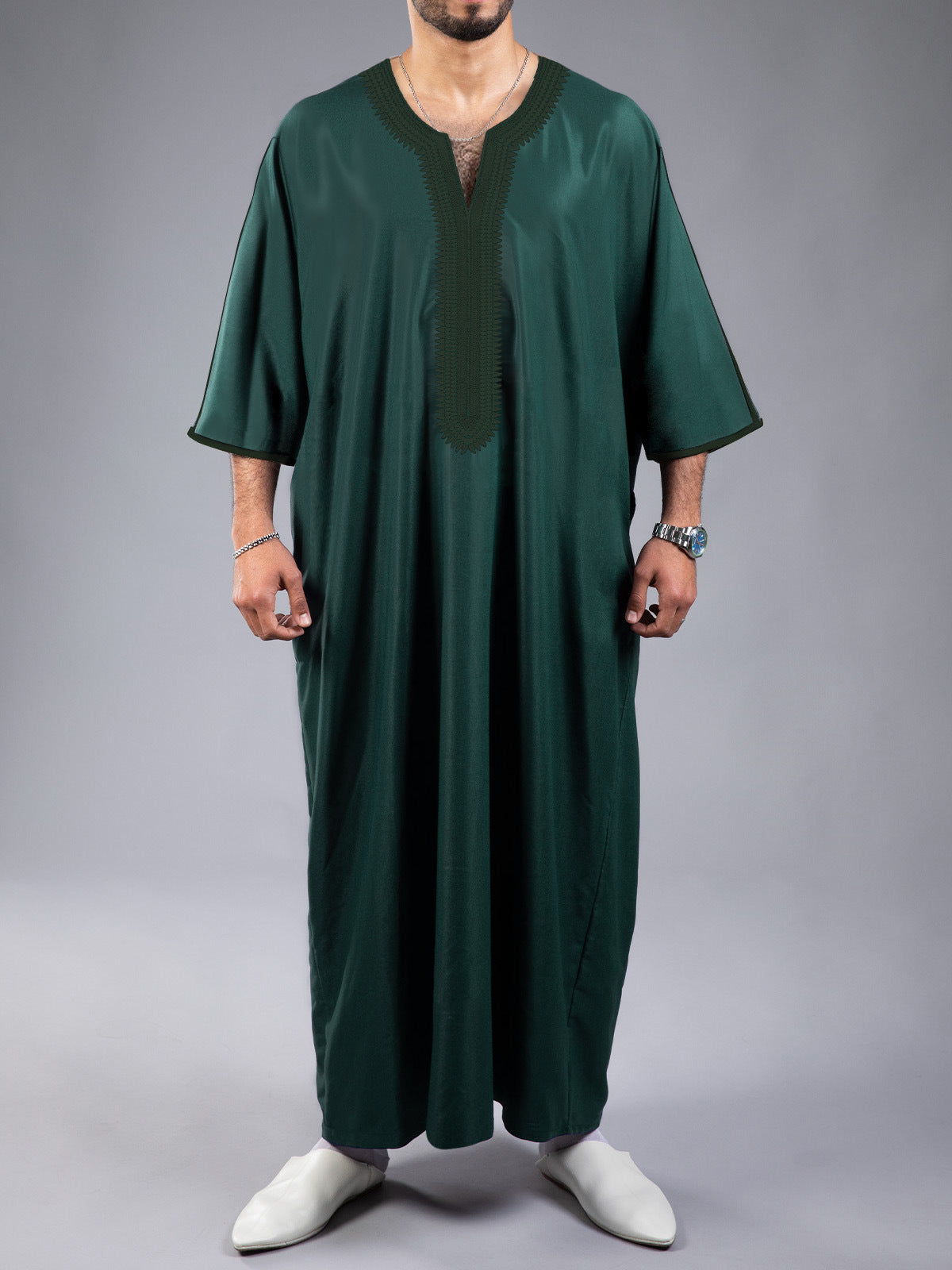 Moroccan Men's Thobe  Mid-Sleeve Embroidered Kaftan