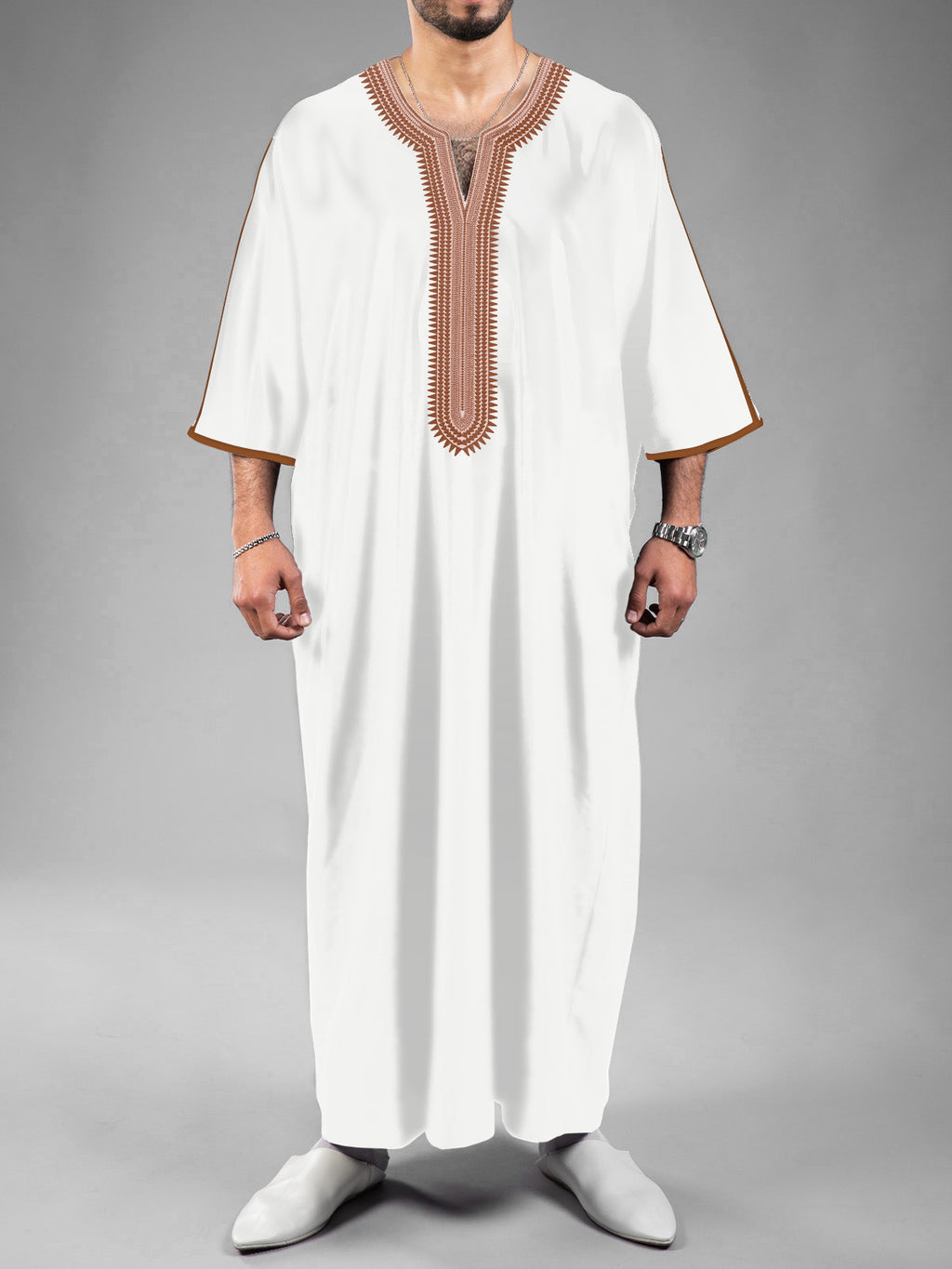 Moroccan Men's Thobe  Mid-Sleeve Embroidered Kaftan