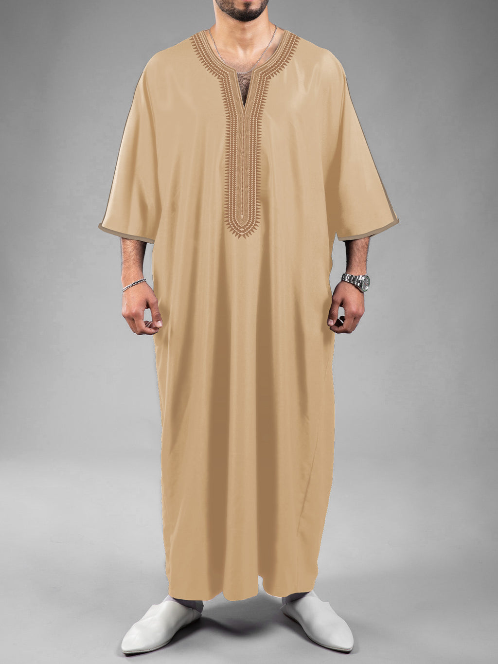 Moroccan Men's Thobe  Mid-Sleeve Embroidered Kaftan