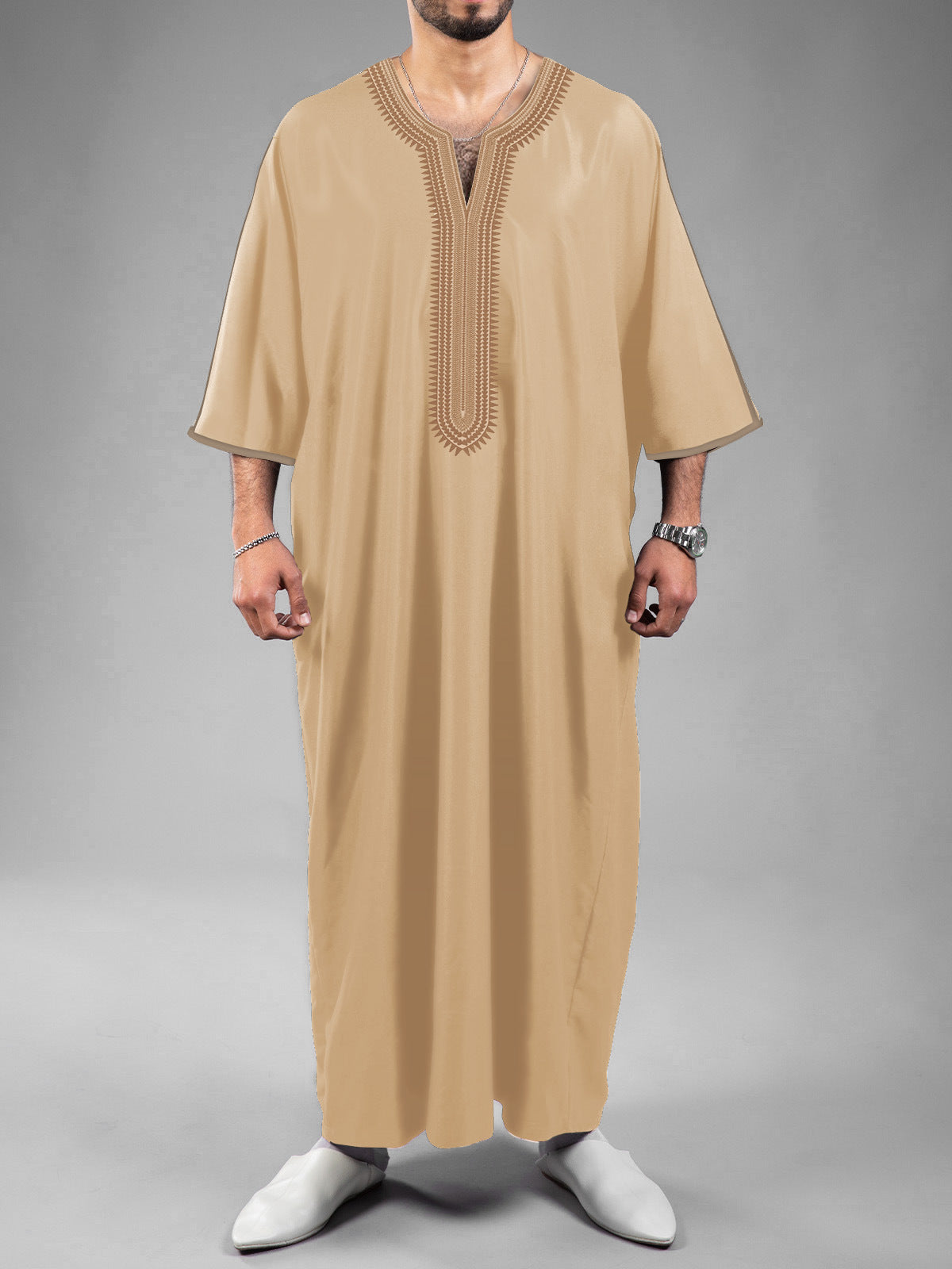 Moroccan Men's Thobe  Mid-Sleeve Embroidered Kaftan