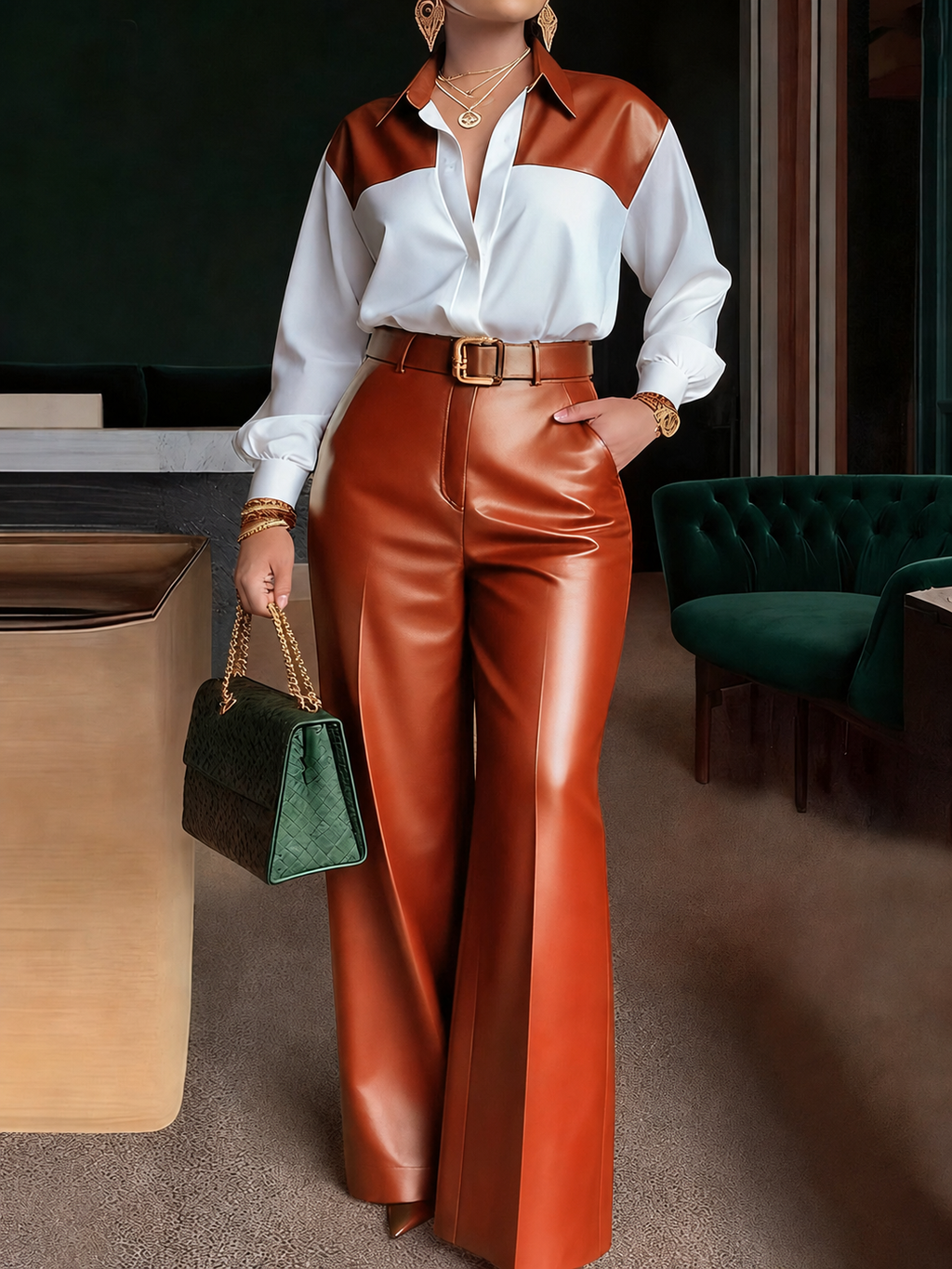 Elegant Two Piece Shirt and Wide Leg Faux Leather Trousers Set