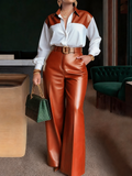 Elegant Two Piece Shirt and Wide Leg Faux Leather Trousers Set