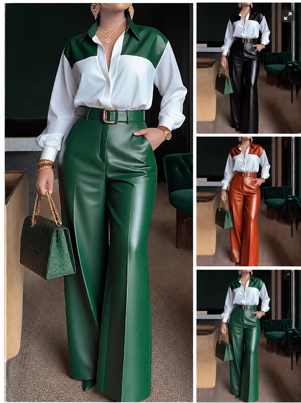 Elegant Two Piece Shirt and Wide Leg Faux Leather Trousers Set