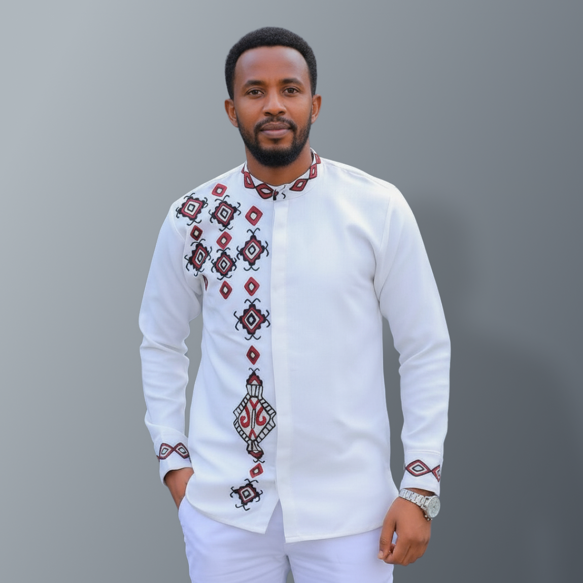 Men's Habesha Tunic with Geometric Embroidery