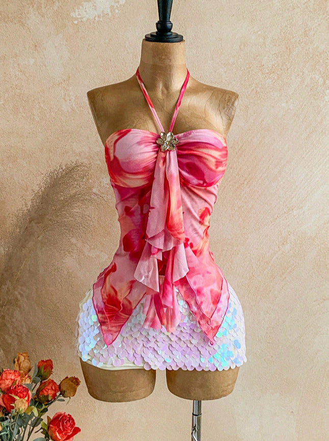 Floral Accent Mesh Halter Top