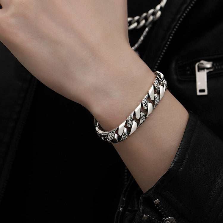 Floral Engraved Cuban Link Bracelet