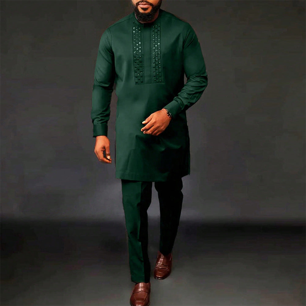 Traditional Muslim African Style Men Wedding New Suit 2 Piece Set Round Neck Long Sleeve Top Plus Pants Foreign Trade