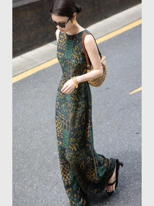 Green Print Sleeveless Maxi Dress
