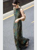 Green Print Sleeveless Maxi Dress