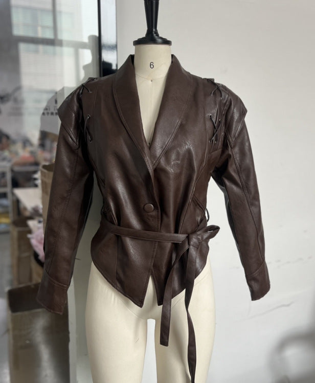 Elegant Faux Leather Belted Jacket