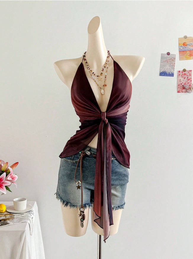 Floral Halter Tie Front Mesh Top