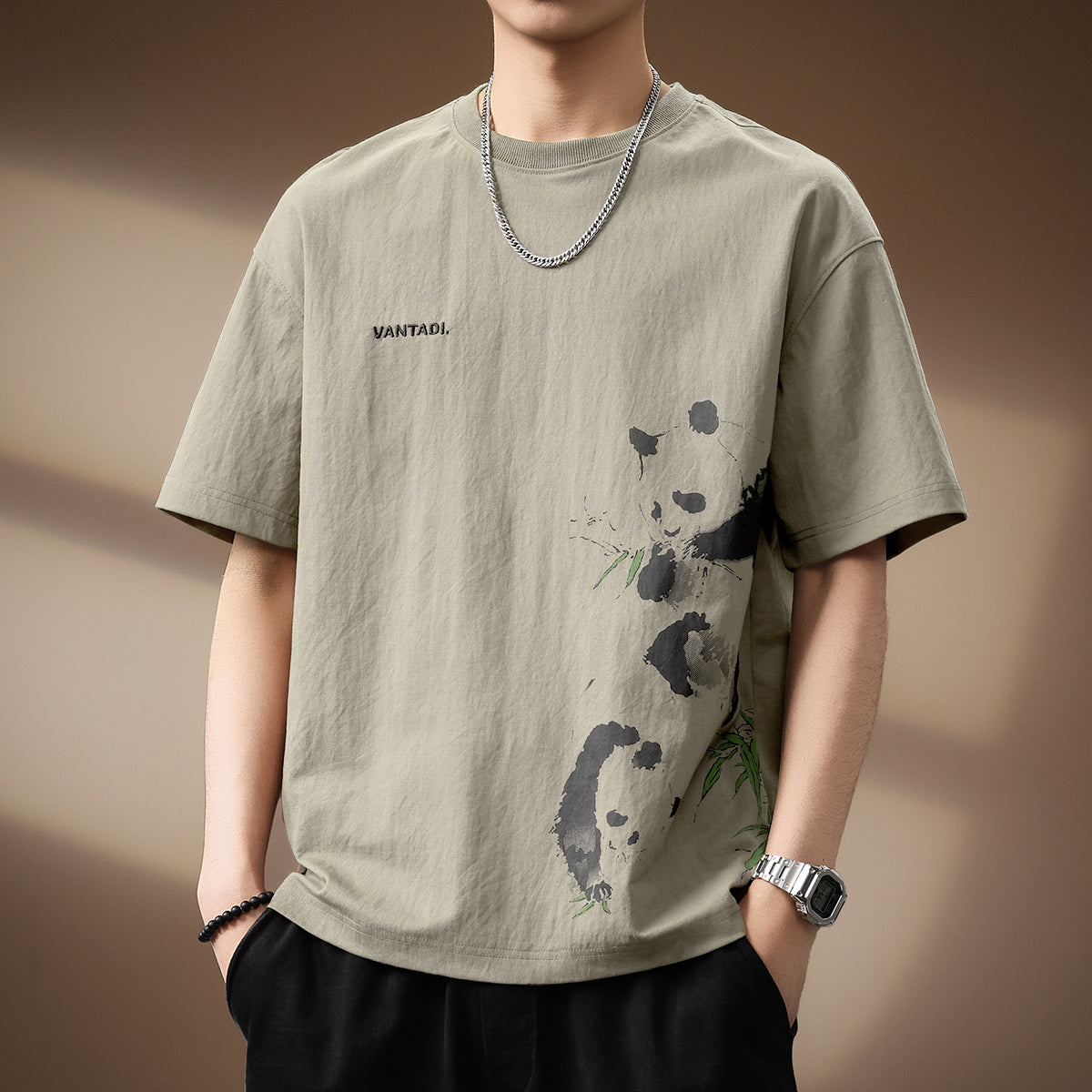 Panda Print Linen Blend Tee