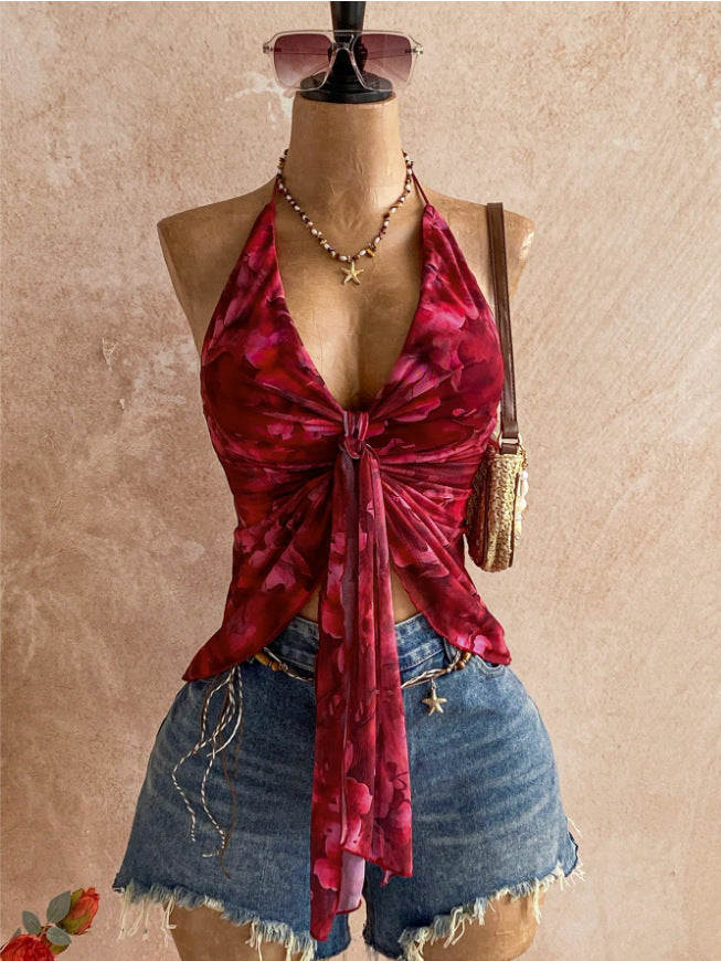 Floral Halter Tie Front Mesh Top