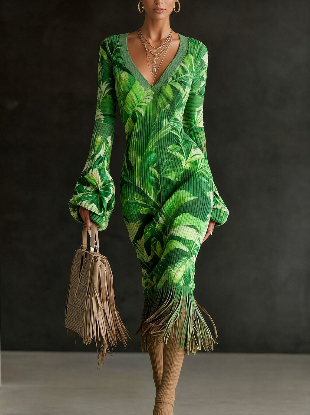 Printed Fringe Knit Dress