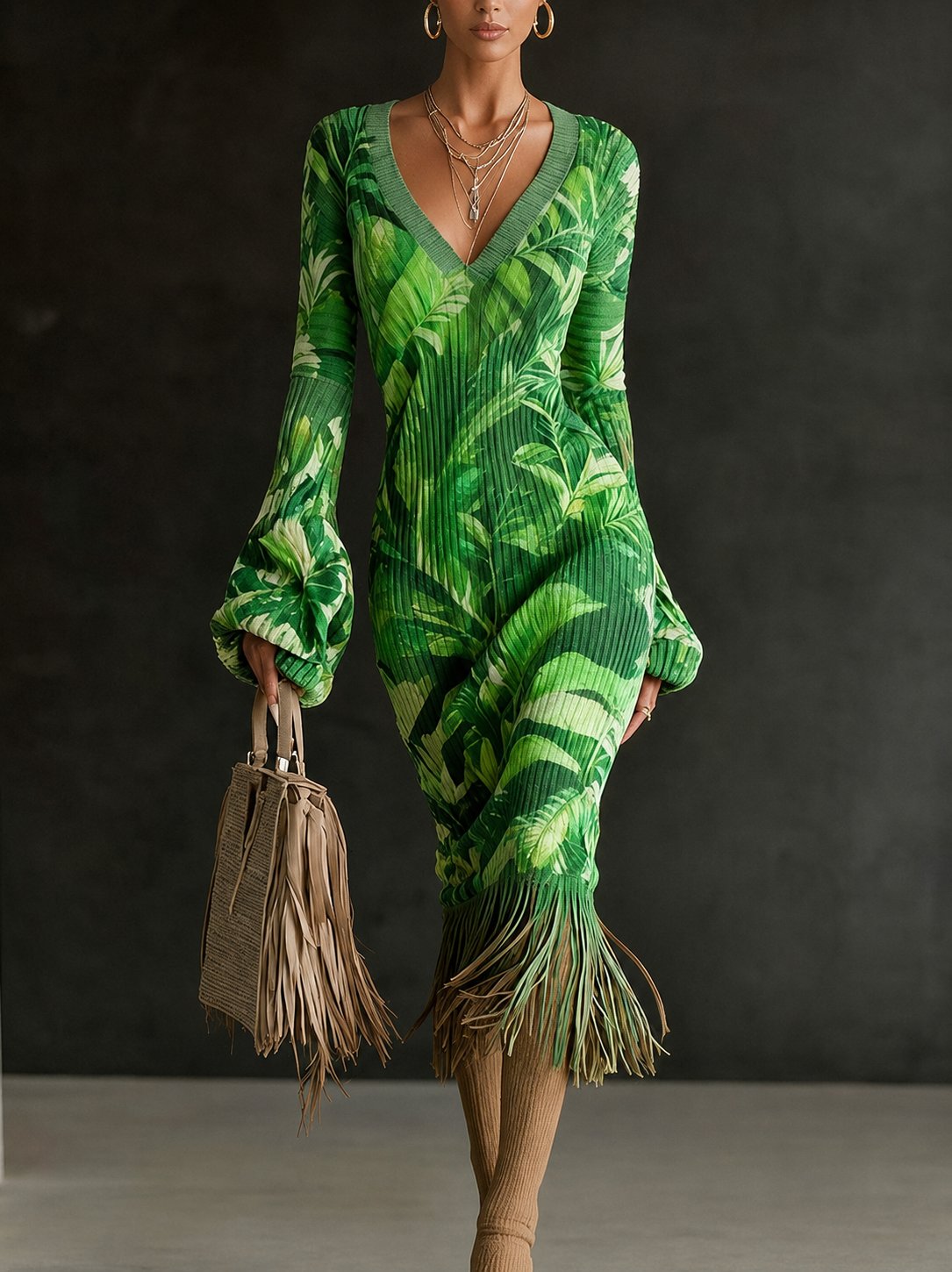 Printed Fringe Knit Dress