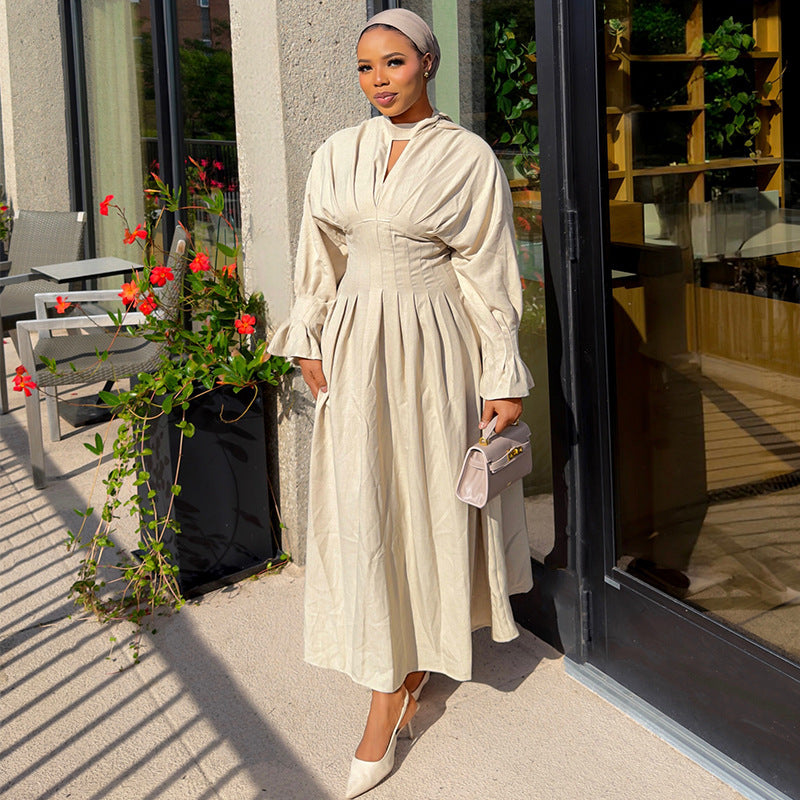 Flare-Sleeve Pleated Dress