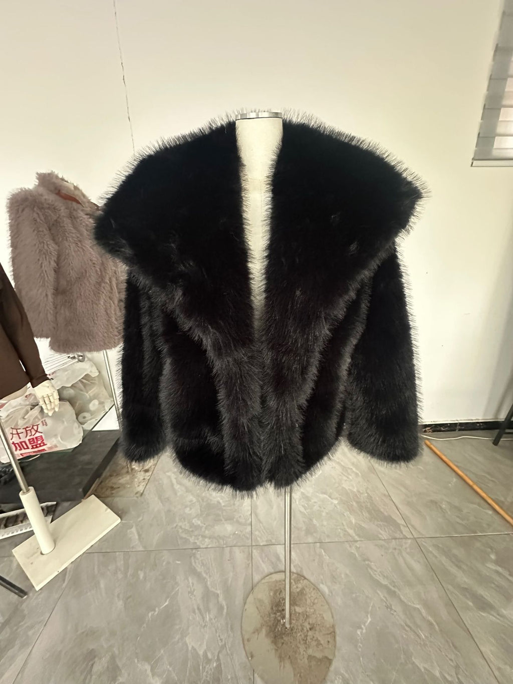Faux Fur Coat with Wide Collar