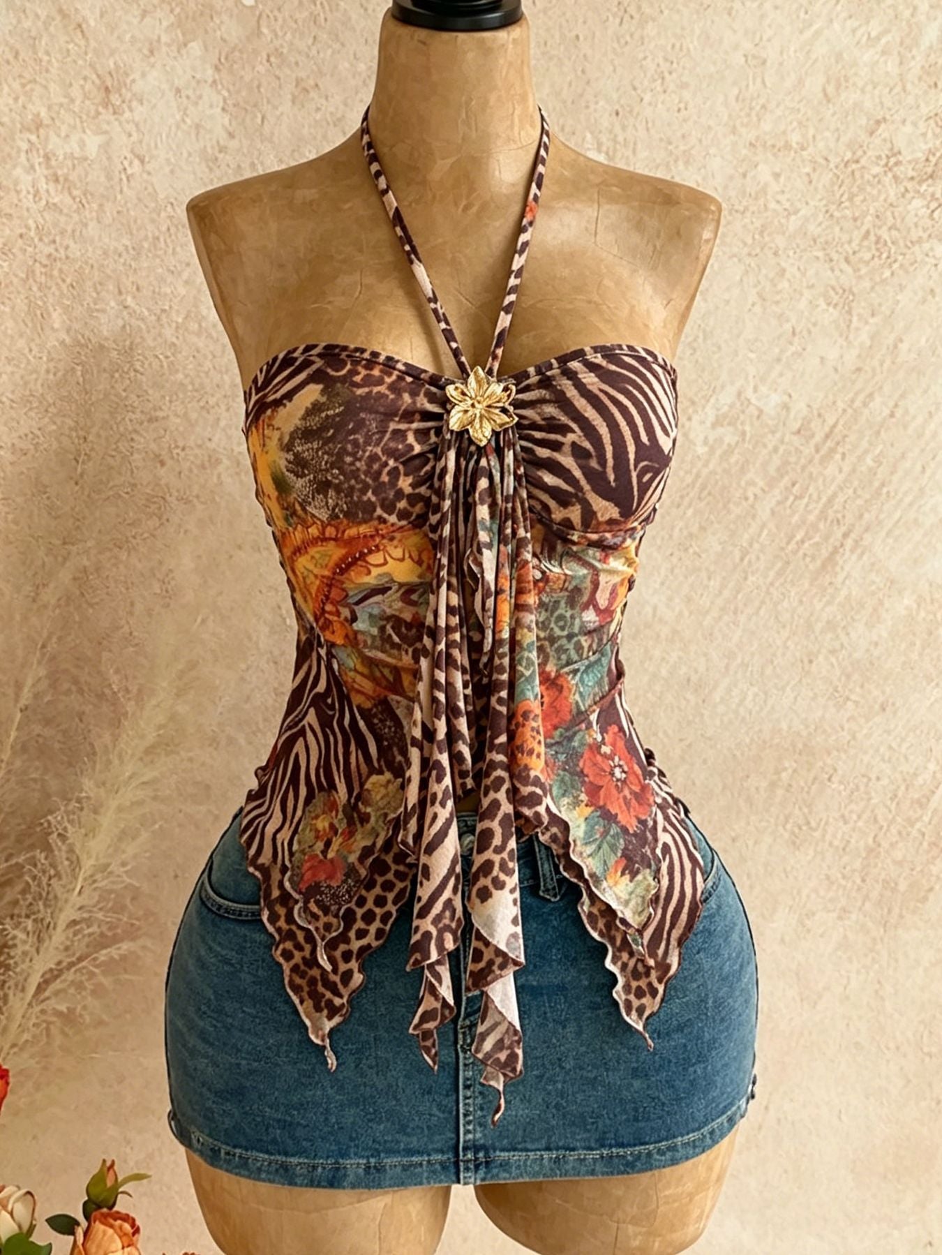 Floral Accent Mesh Halter Top