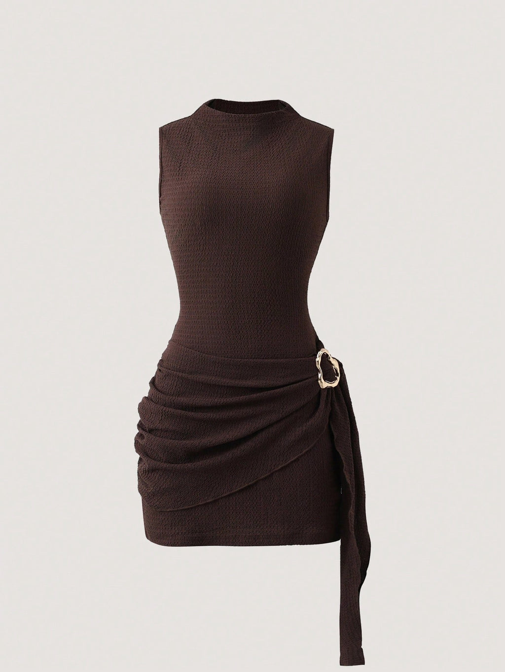 Metal-Buckle Ruched Mini Dress - Brown