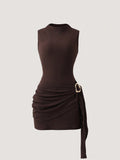 Metal-Buckle Ruched Mini Dress - Brown