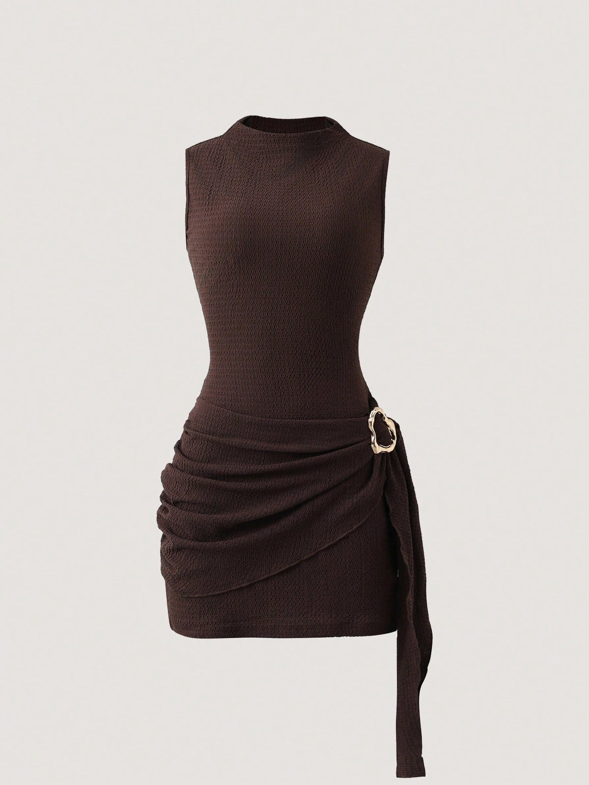Metal-Buckle Ruched Mini Dress - Brown