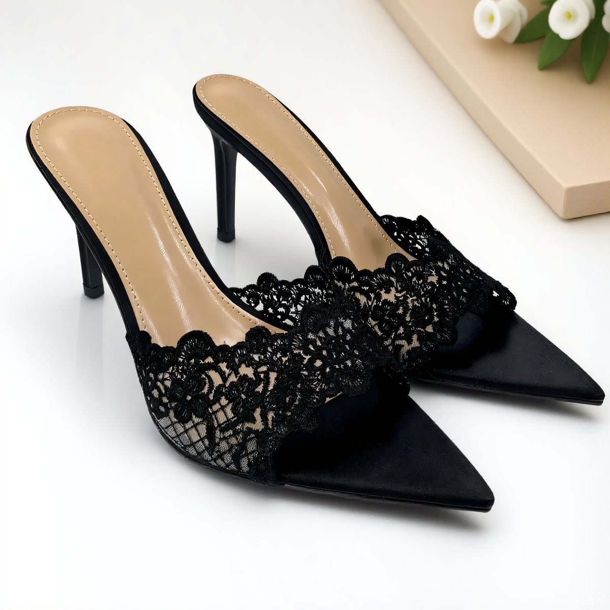 Lace Detail Pointed-Toe Mules